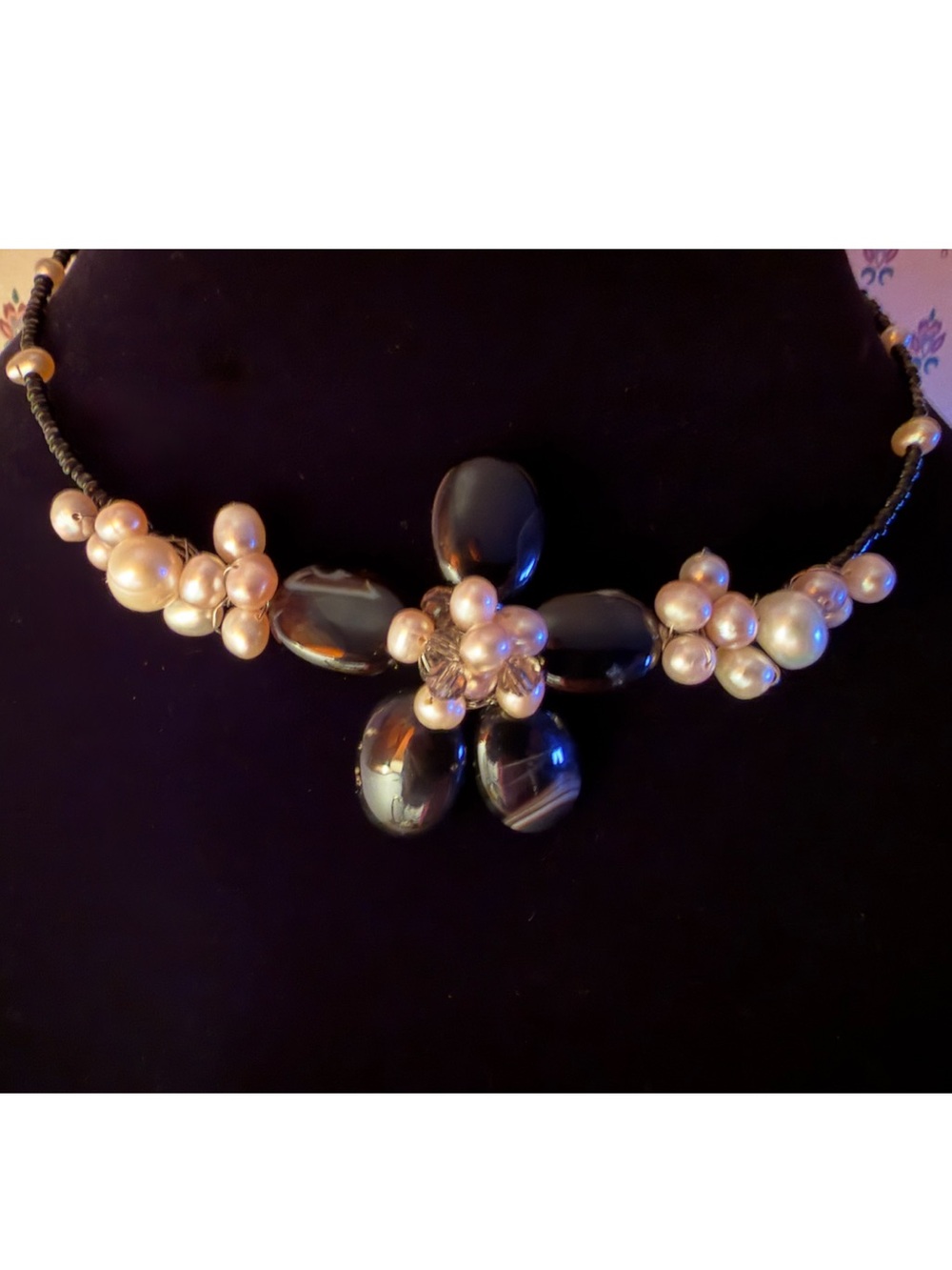 Black Onyx and Pearl Cluster Choker Necklace